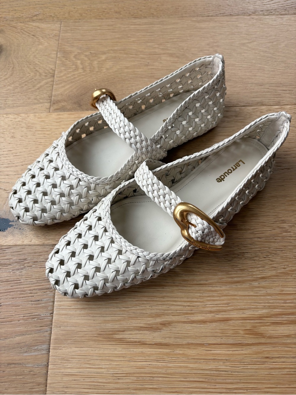 Larroude Cream White Verona Woven Mary Jane Flats with Gold Buckle